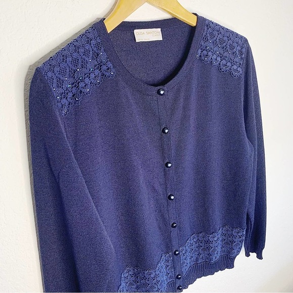 Olga Santoni Classic Blue Knit Embroidery Detail Button-Front Sweater Size USA44 - Picture 2 of 8